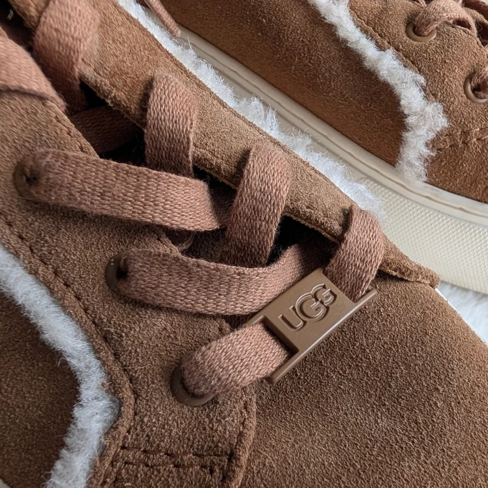 UGG Jass Suede Shearling Platform Sneakers Chestnut Brown Women 7